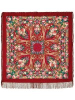 Павлопосадский шерстяной платок с шелковой бахромой «Именинница», рисунок 1446-5