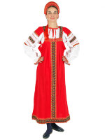 Русский народный костюм "Забава" для танцев льняной комплект красный сарафан и блузка
