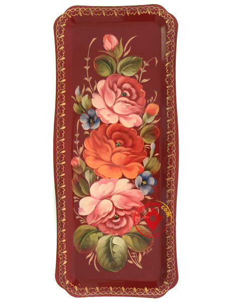 Поднос "Цветы на бордовом фоне", прямоугольный малый, арт. 4008